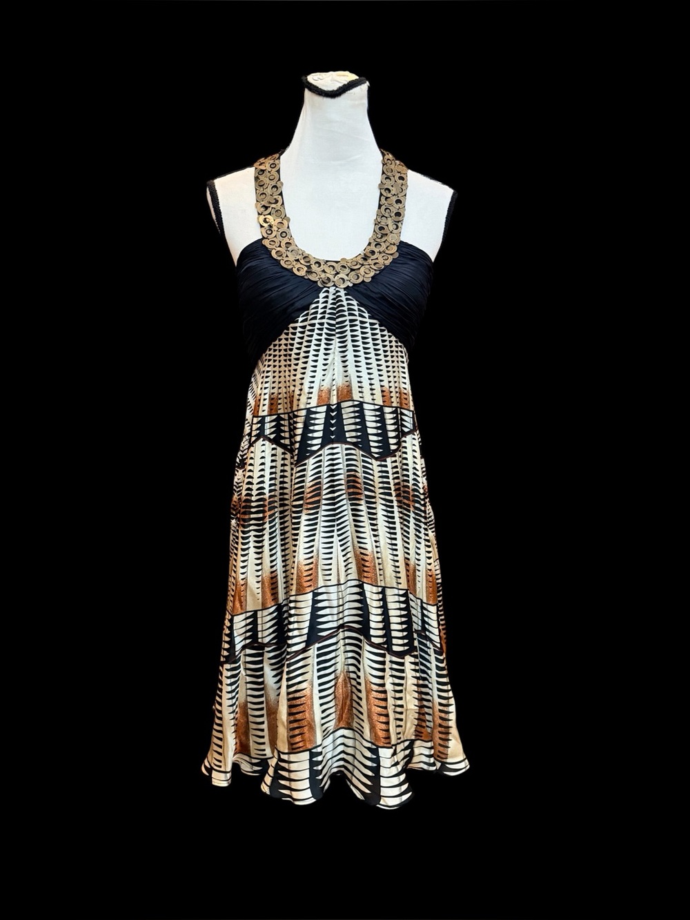 NWT Anne Klein silk black halter tribal print dress